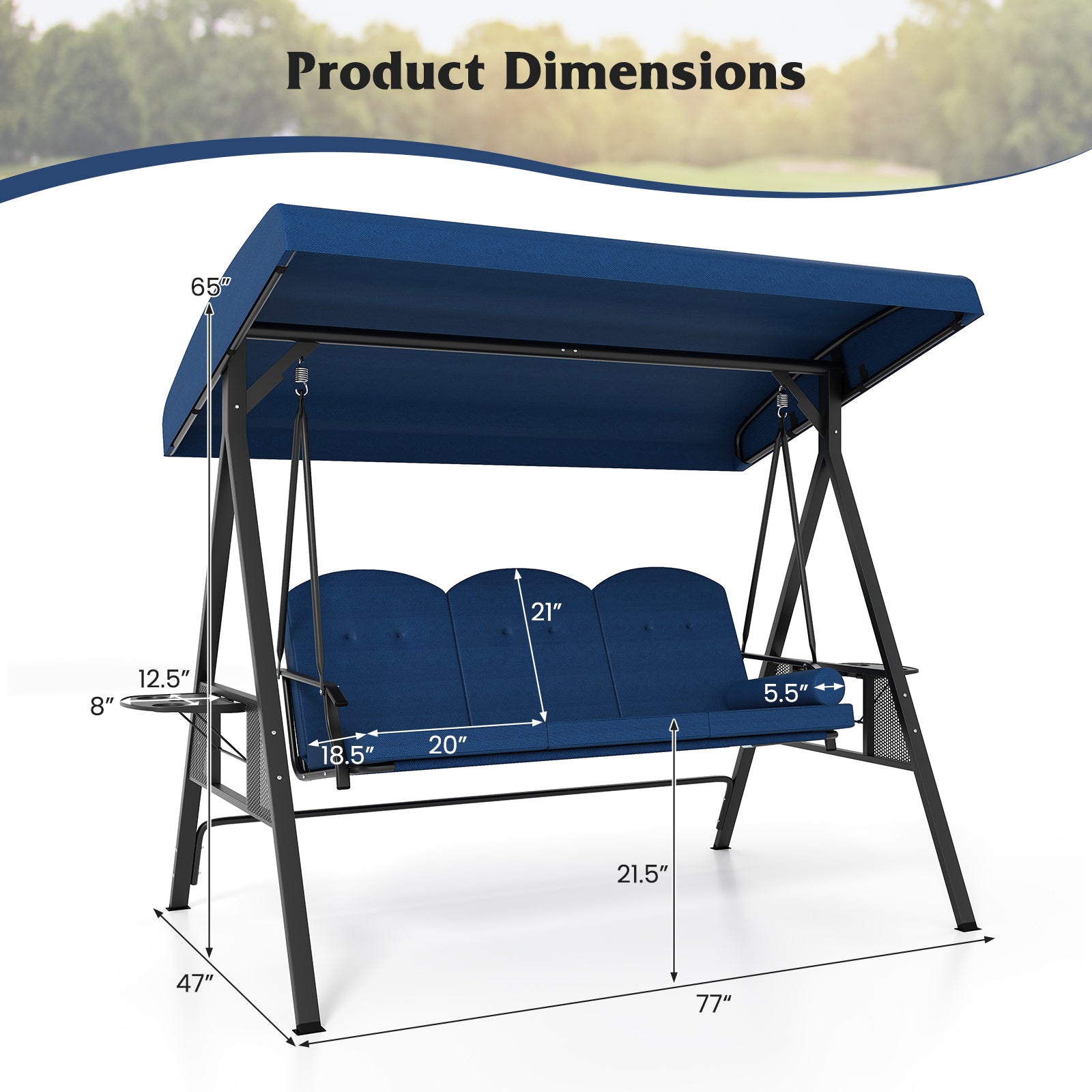 3-Seat Patio Swing Chair Porch Swing with Adjustable Canopy Thickened Cushions Pillow and Foldable Side Trays, Navy Patio Rocking Chairs & Gliders at Gallery Canada