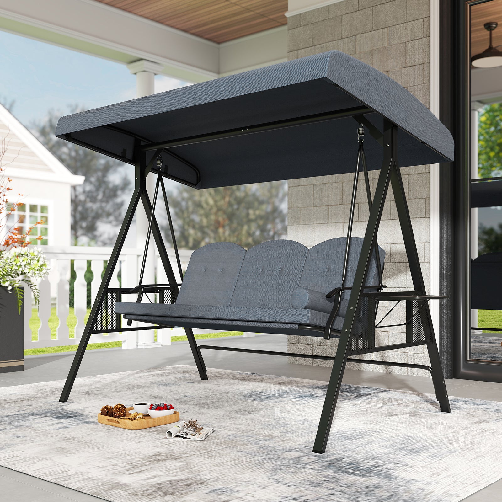 3-Seat Patio Swing Chair Porch Swing with Adjustable Canopy Thickened Cushions Pillow and Foldable Side Trays-Grey, Gray Patio Rocking Chairs & Gliders at Gallery Canada