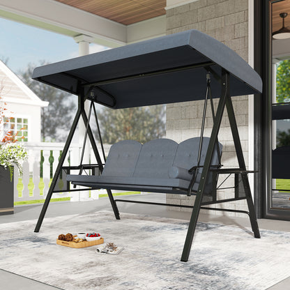 3-Seat Patio Swing Chair Porch Swing with Adjustable Canopy Thickened Cushions Pillow and Foldable Side Trays-Grey, Gray Patio Rocking Chairs & Gliders at Gallery Canada
