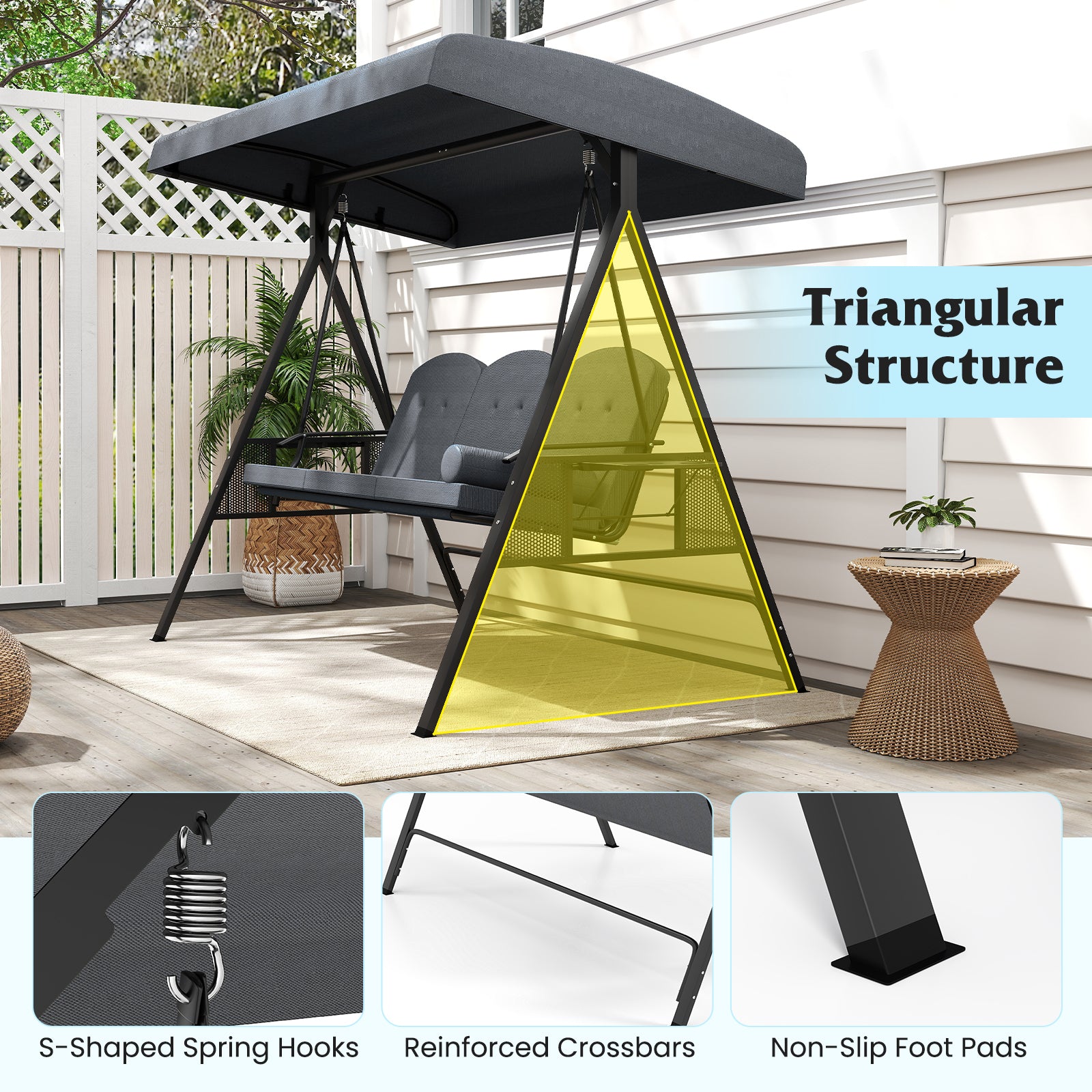 3-Seat Patio Swing Chair Porch Swing with Adjustable Canopy Thickened Cushions Pillow and Foldable Side Trays-Grey, Gray Patio Rocking Chairs & Gliders at Gallery Canada