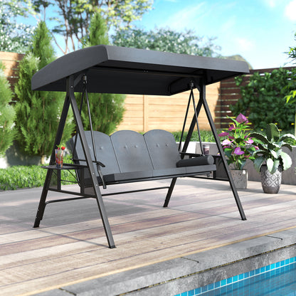 3-Seat Patio Swing Chair Porch Swing with Adjustable Canopy Thickened Cushions Pillow and Foldable Side Trays-Grey, Gray Patio Rocking Chairs & Gliders at Gallery Canada