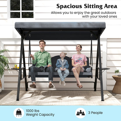 3-Seat Patio Swing Chair Porch Swing with Adjustable Canopy Thickened Cushions Pillow and Foldable Side Trays-Grey, Gray Patio Rocking Chairs & Gliders at Gallery Canada