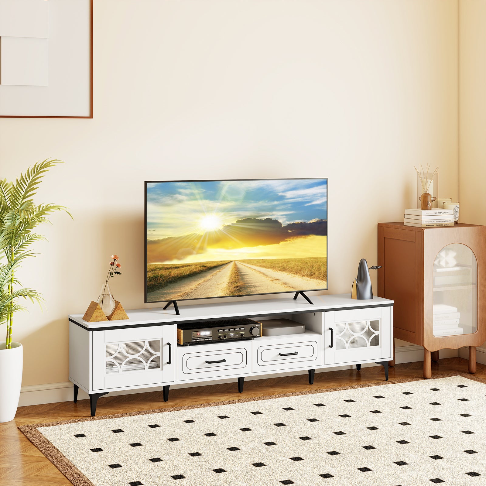 Farmhouse TV Stand for TVs up to 80 Inch with 2 Drawers, White Entertainment Centers & TV Stands at Gallery Canada