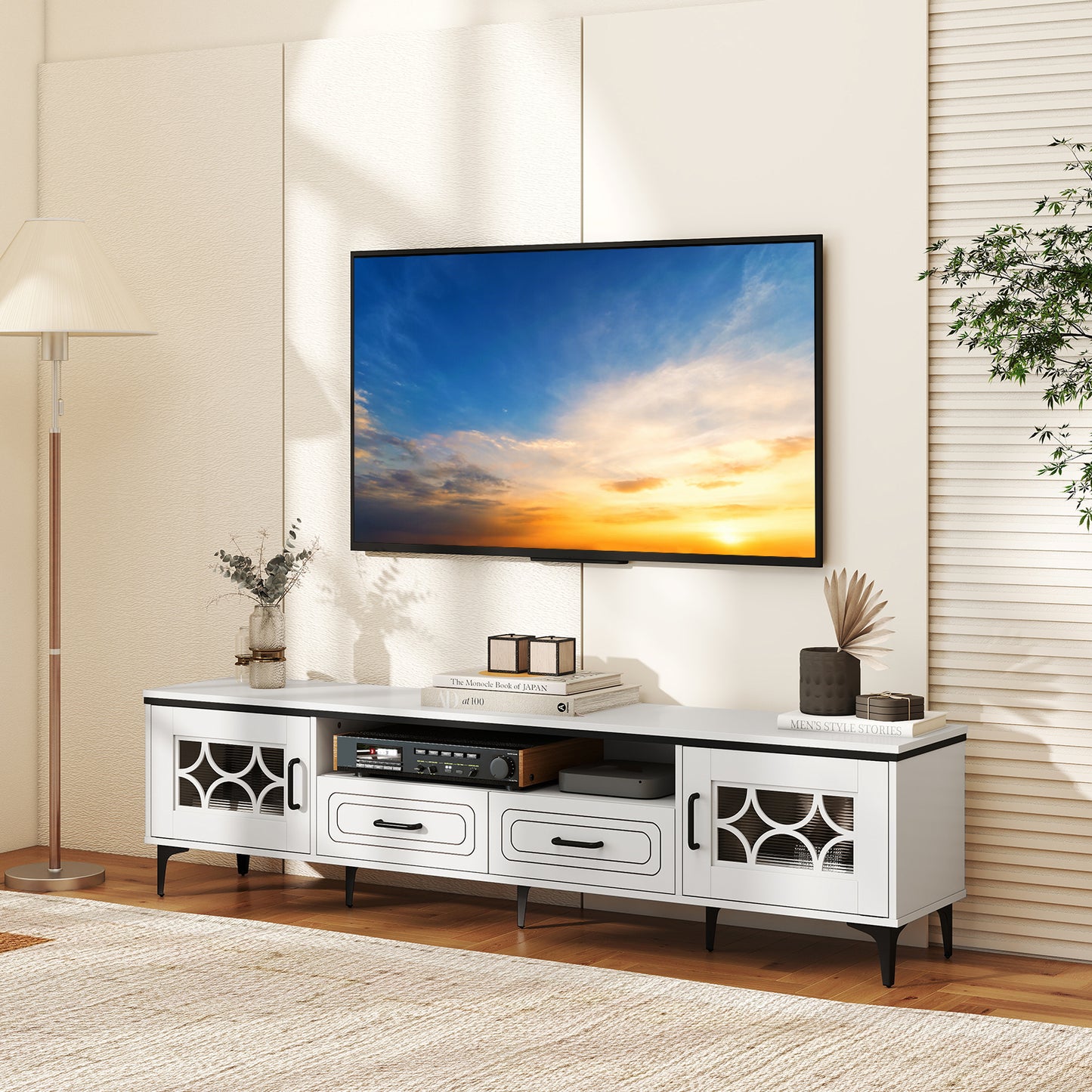 Farmhouse TV Stand for TVs up to 80 Inch with 2 Drawers, White Entertainment Centers & TV Stands at Gallery Canada