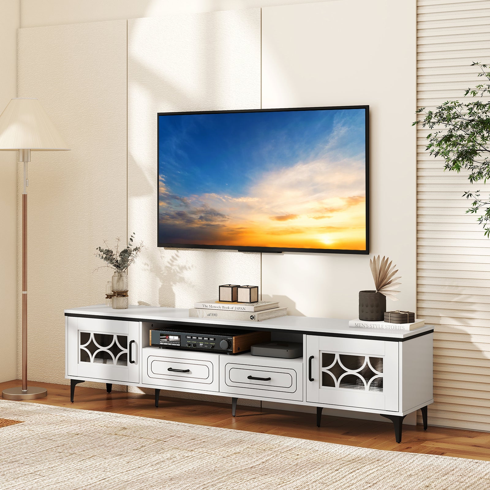 Farmhouse TV Stand for TVs up to 80 Inch with 2 Drawers, White Entertainment Centers & TV Stands at Gallery Canada