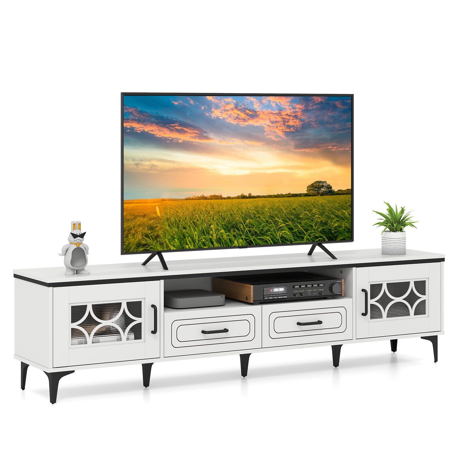 Farmhouse TV Stand for TVs up to 80 Inch with 2 Drawers, White Entertainment Centers & TV Stands White at Gallery Canada