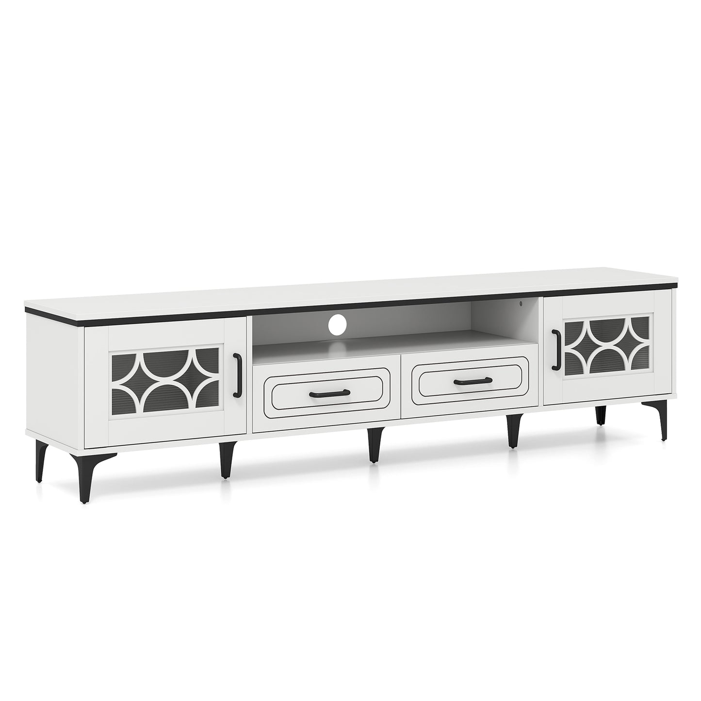 Farmhouse TV Stand for TVs up to 80 Inch with 2 Drawers, White Entertainment Centers & TV Stands at Gallery Canada