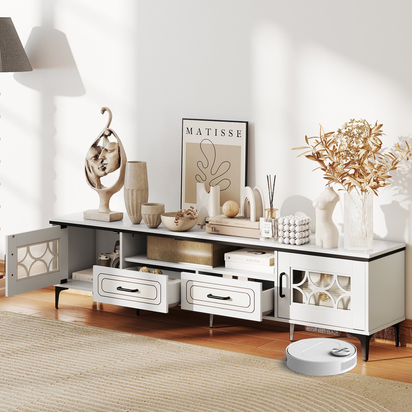 Farmhouse TV Stand for TVs up to 80 Inch with 2 Drawers, White Entertainment Centers & TV Stands at Gallery Canada