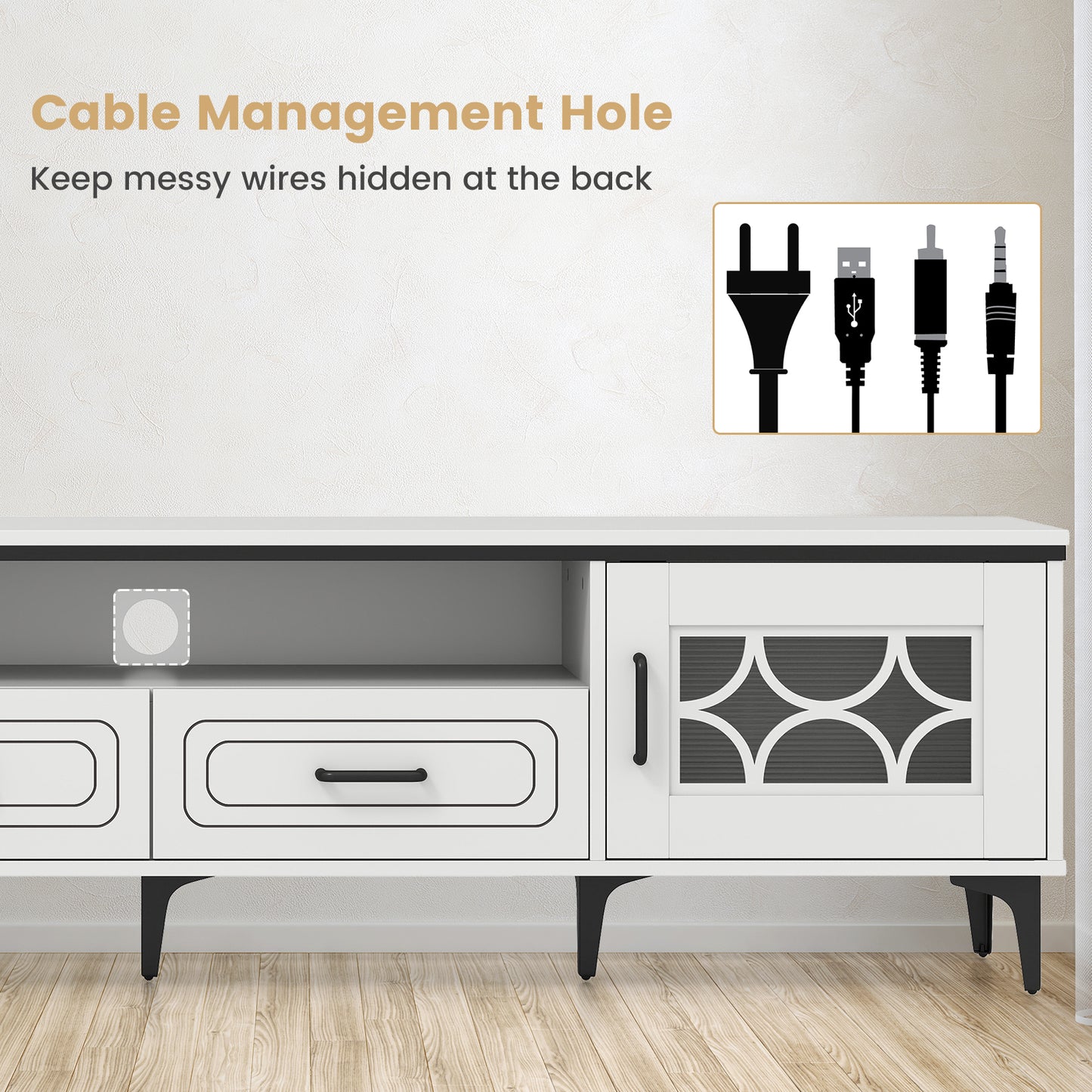 Farmhouse TV Stand for TVs up to 80 Inch with 2 Drawers, White Entertainment Centers & TV Stands at Gallery Canada