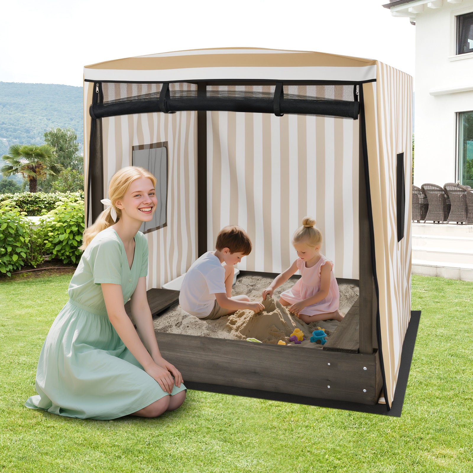 Wooden Sandbox with Canopy for Children 3+ Years Old, Brown Sandboxes at Gallery Canada