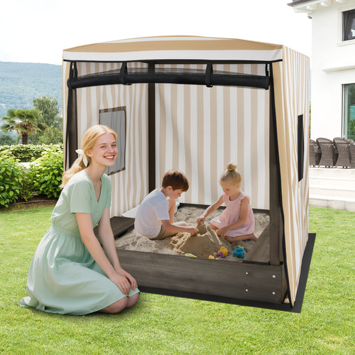 Wooden Sandbox with Canopy for Children 3+ Years Old, Brown