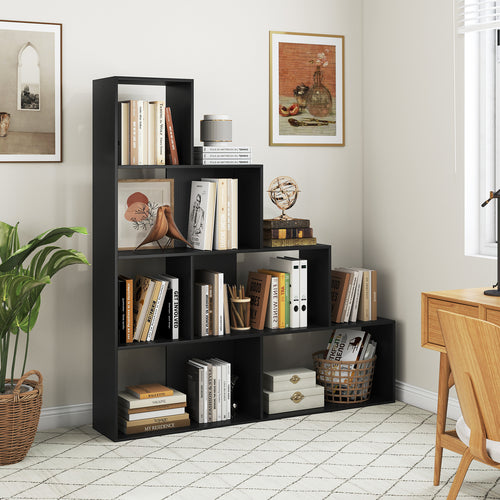 4-Tier Modern Stepped Bookshelf with 6 Storage Cubes for Living Room, Black