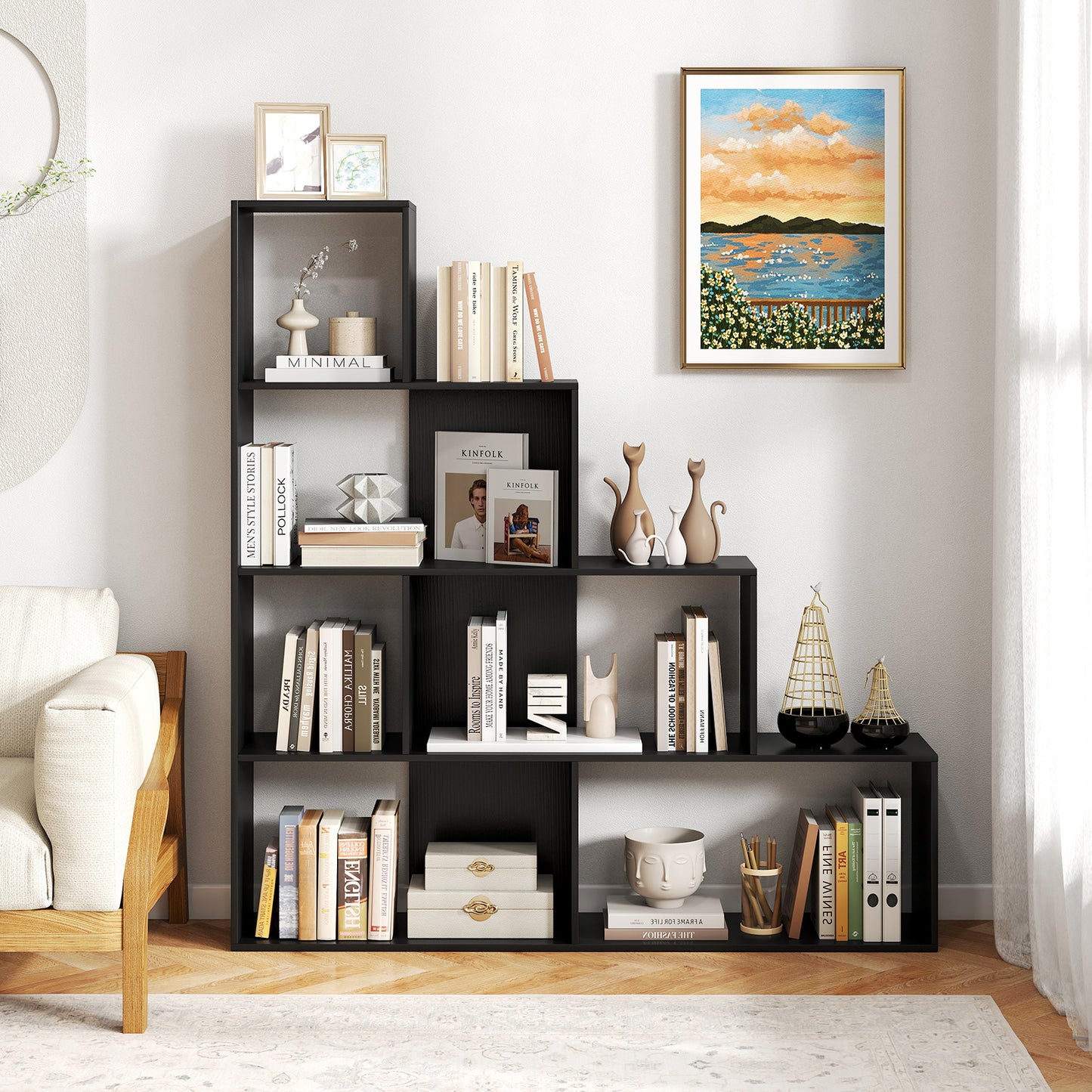 4-Tier Modern Stepped Bookshelf with 6 Storage Cubes for Living Room, Black Bookcases at Gallery Canada