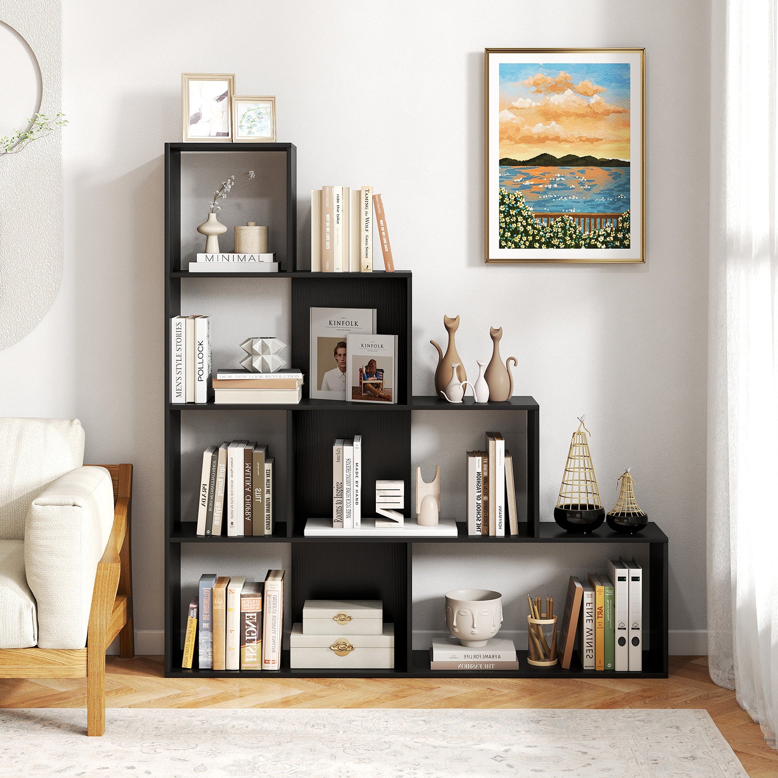 4-Tier Modern Stepped Bookshelf with 6 Storage Cubes for Living Room, Black Bookcases at Gallery Canada