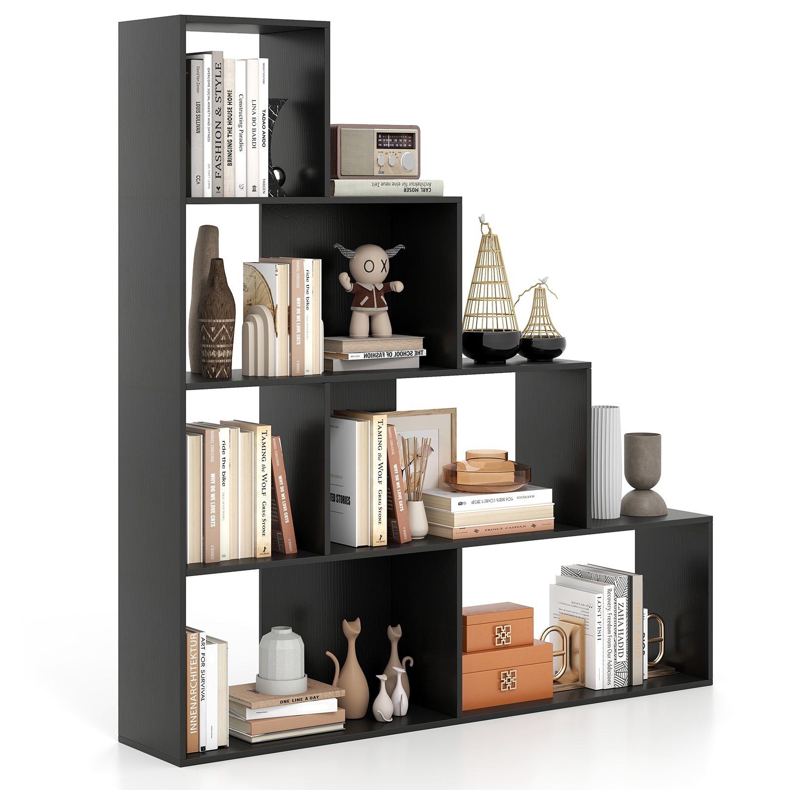 4-Tier Modern Stepped Bookshelf with 6 Storage Cubes for Living Room, Black Bookcases at Gallery Canada