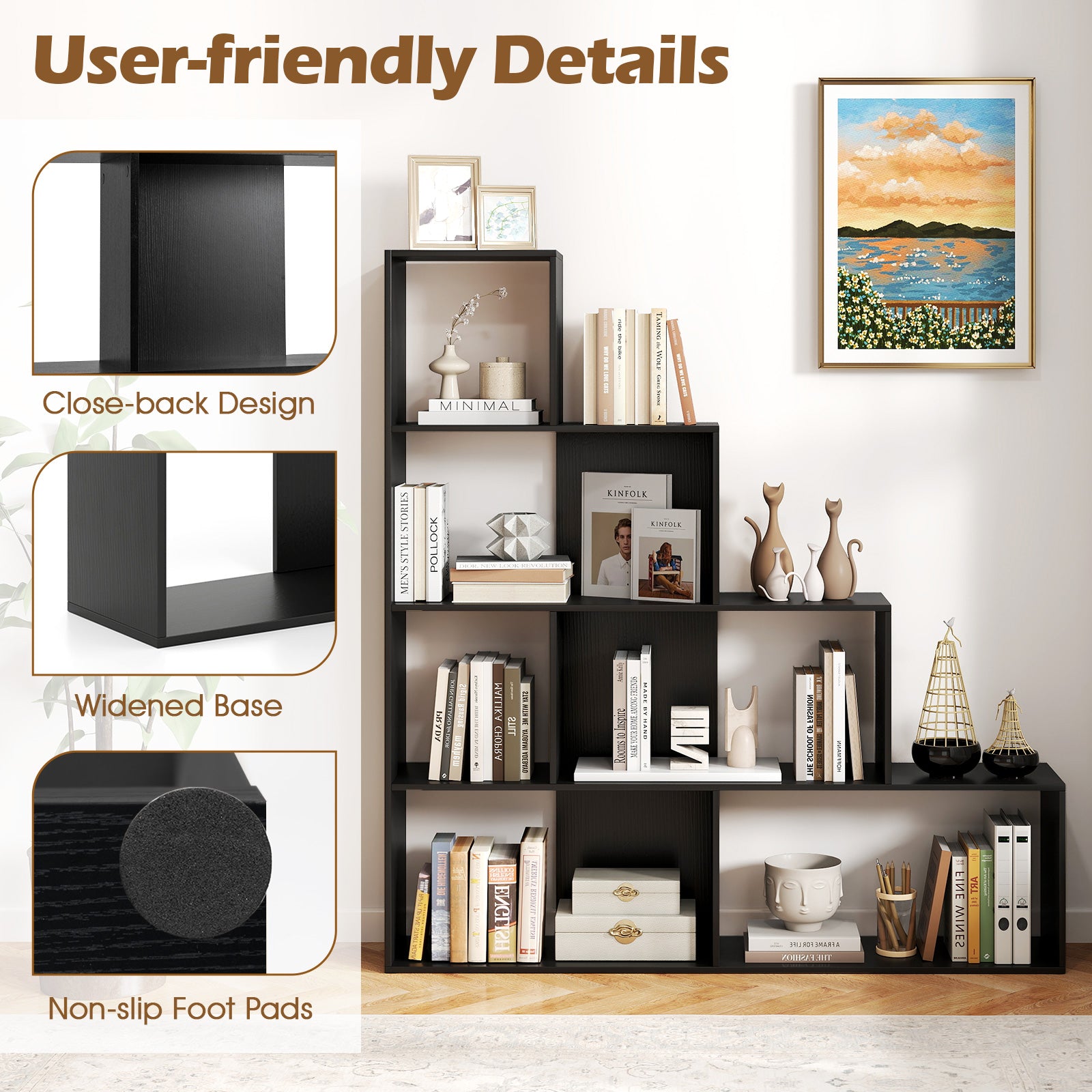 4-Tier Modern Stepped Bookshelf with 6 Storage Cubes for Living Room, Black Bookcases at Gallery Canada