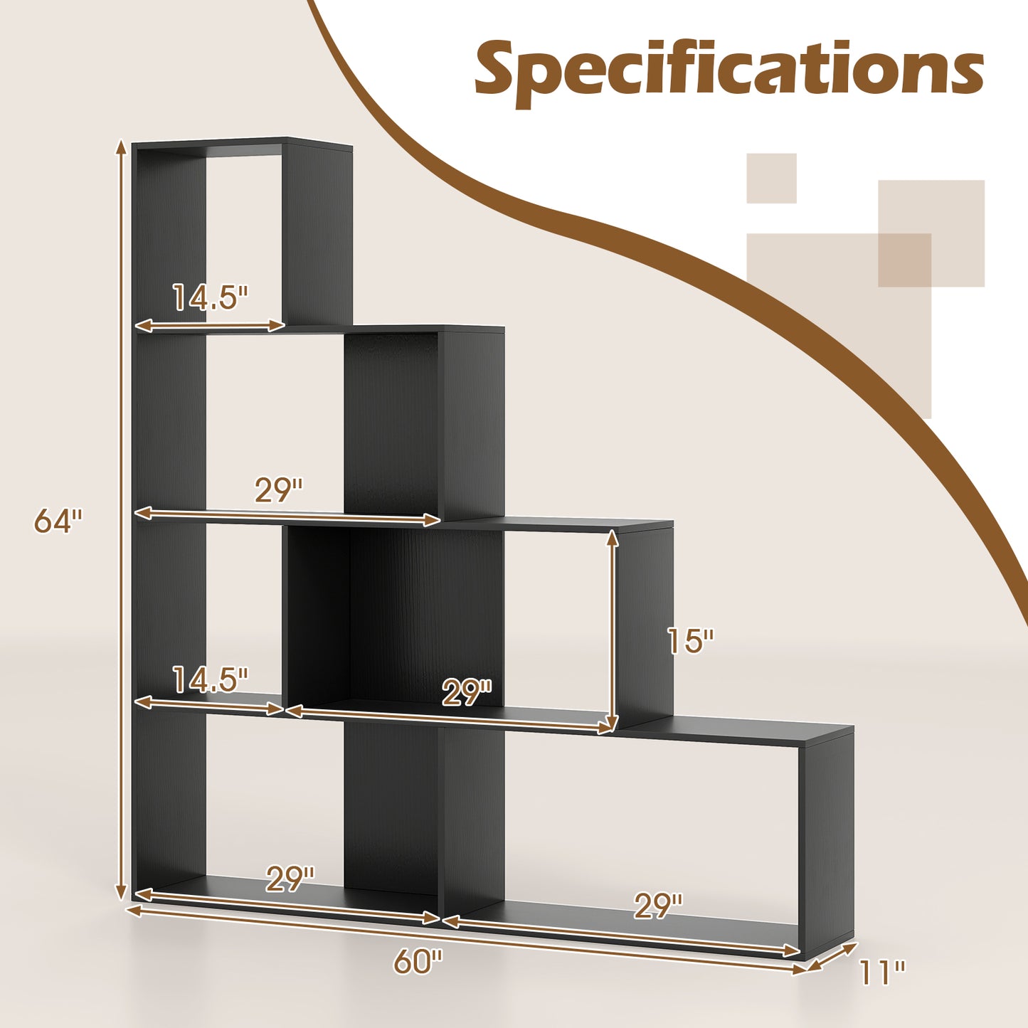 4-Tier Modern Stepped Bookshelf with 6 Storage Cubes for Living Room, Black Bookcases at Gallery Canada