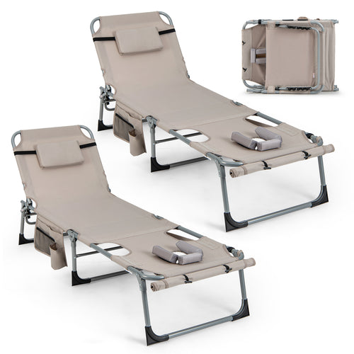 5-Position Outdoor Folding Chaise Lounge Chair, Beige