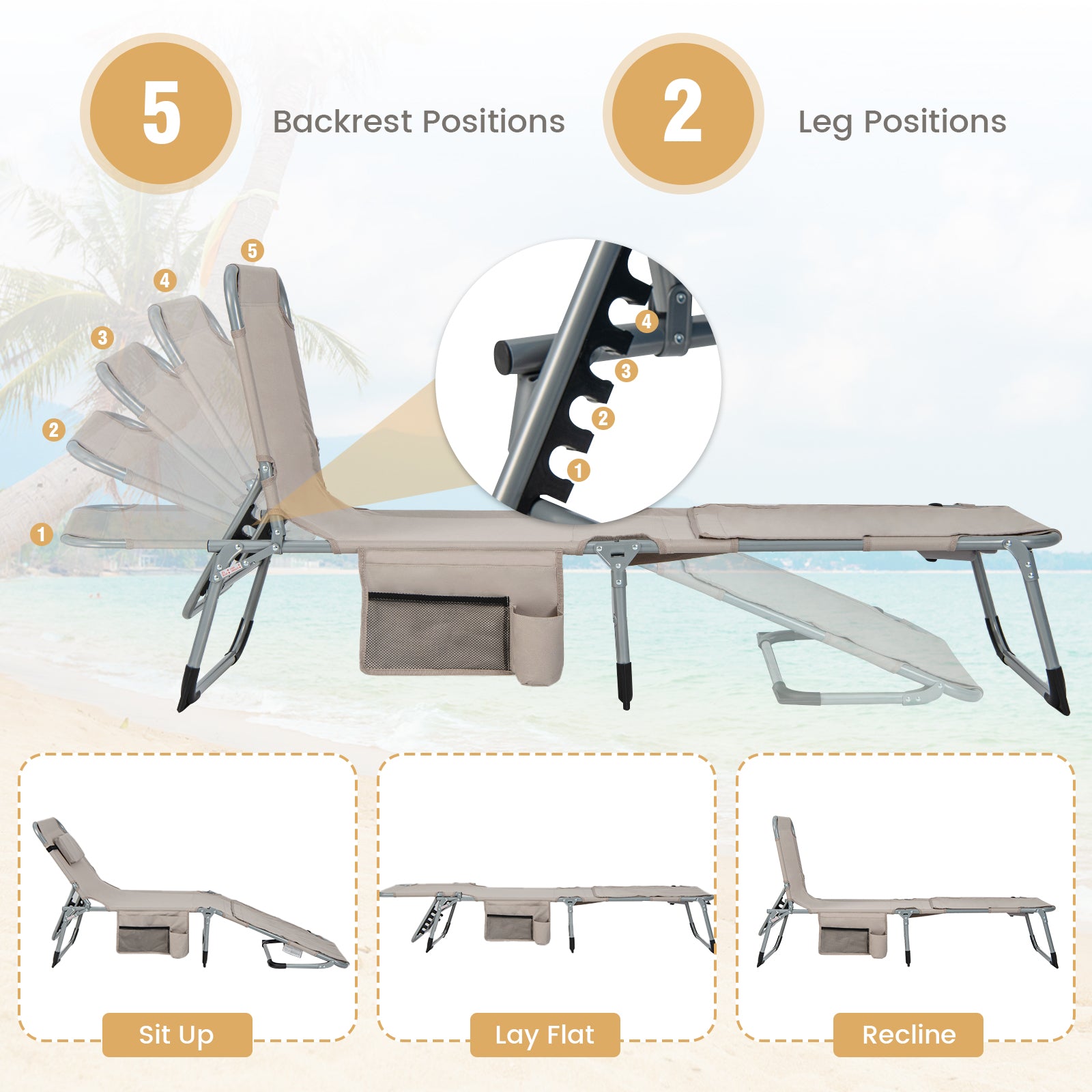 5-position Outdoor Folding Chaise Lounge Chair, Beige Outdoor Seating & Patio Chairs at Gallery Canada