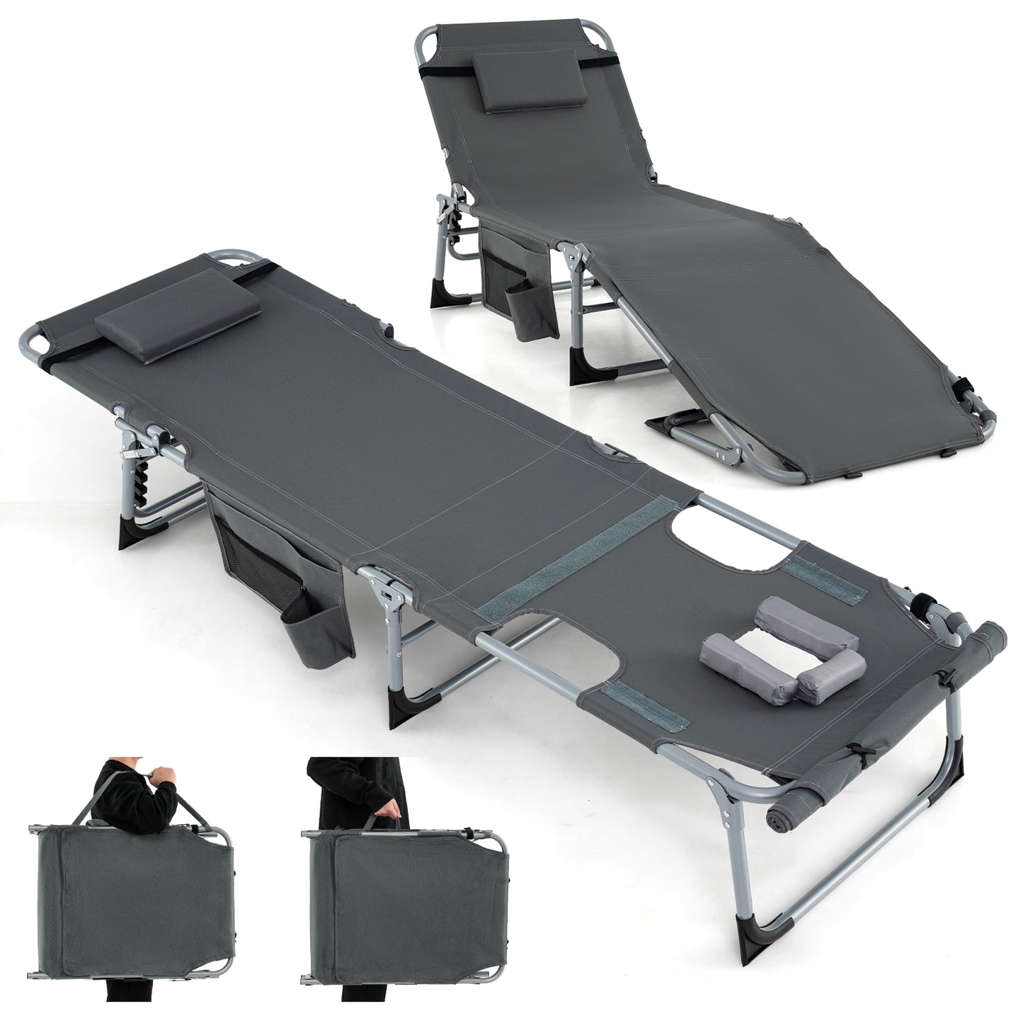 5-Position Outdoor Folding Chaise Lounge Chair, Gray