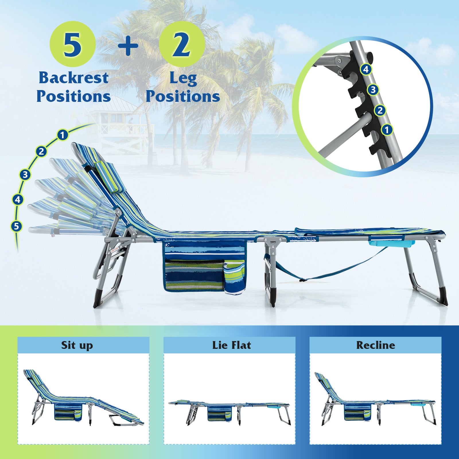5-position Outdoor Folding Chaise Lounge Chair-Blue and Green, Blue & Green Outdoor Seating & Patio Chairs at Gallery Canada