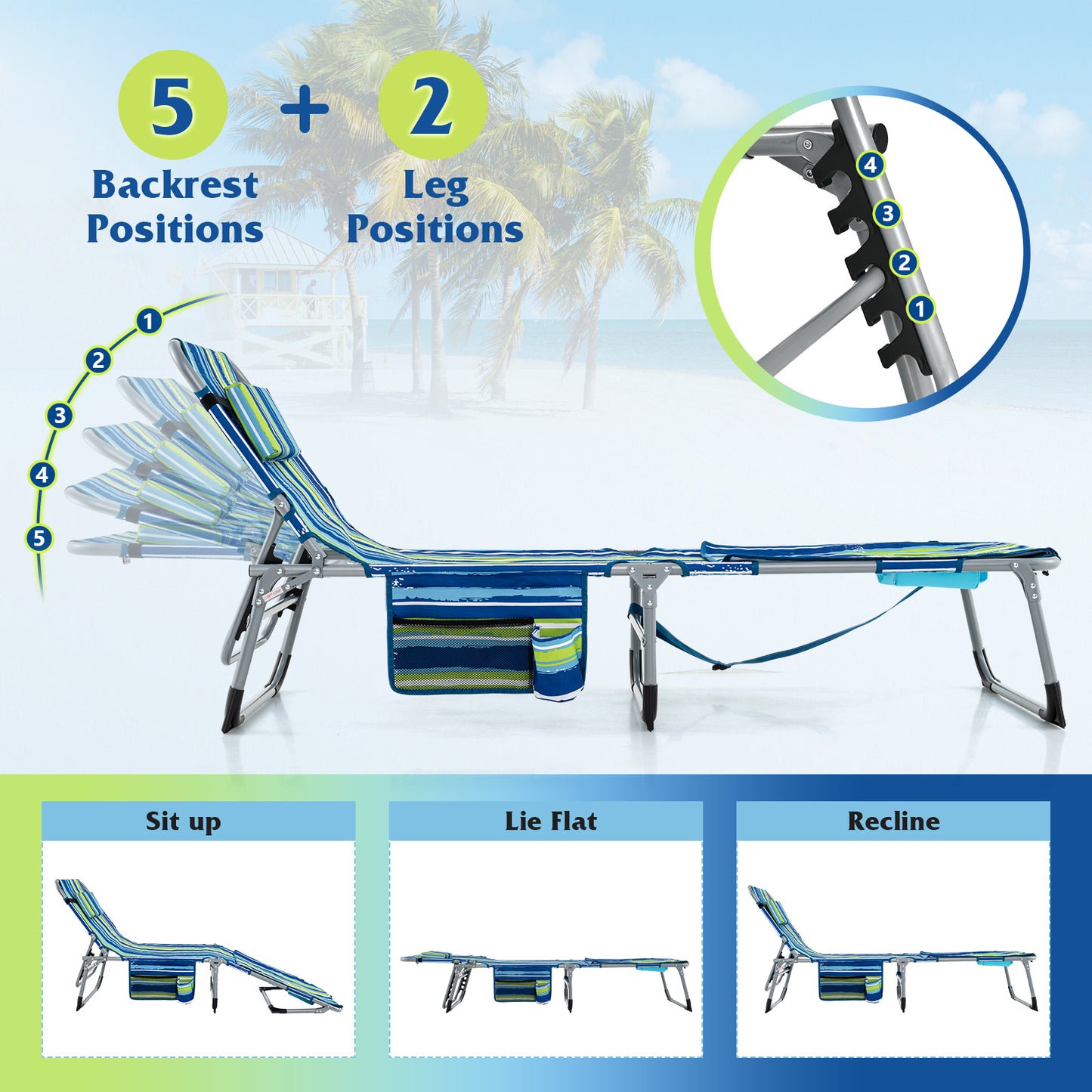 5-position Outdoor Folding Chaise Lounge Chair-Blue and Green, Blue & Green Outdoor Seating & Patio Chairs at Gallery Canada