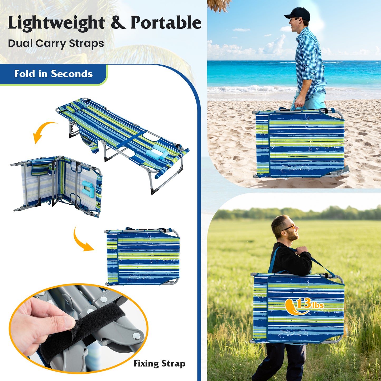 5-position Outdoor Folding Chaise Lounge Chair-Blue and Green, Blue & Green Outdoor Seating & Patio Chairs at Gallery Canada