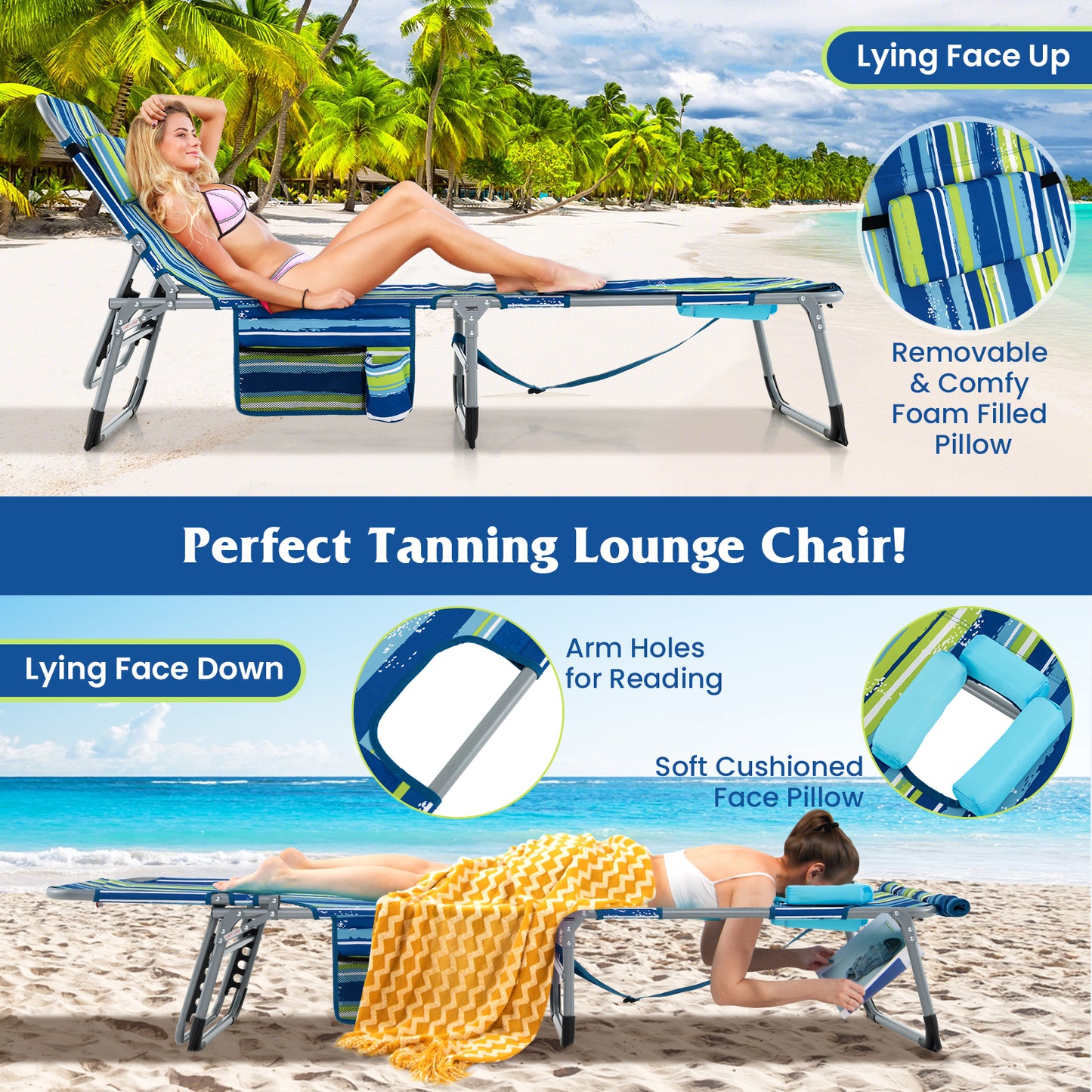 5-position Outdoor Folding Chaise Lounge Chair-Blue and Green, Blue & Green Outdoor Seating & Patio Chairs at Gallery Canada