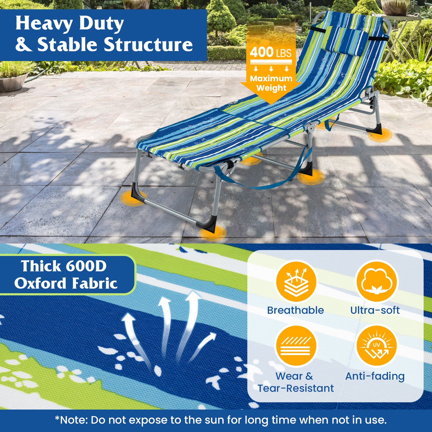 5-position Outdoor Folding Chaise Lounge Chair-Blue and Green, Blue & Green Outdoor Seating & Patio Chairs at Gallery Canada