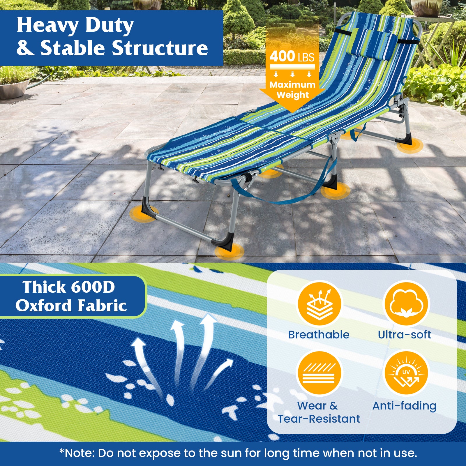 5-position Outdoor Folding Chaise Lounge Chair-Blue and Green, Blue & Green Outdoor Seating & Patio Chairs at Gallery Canada