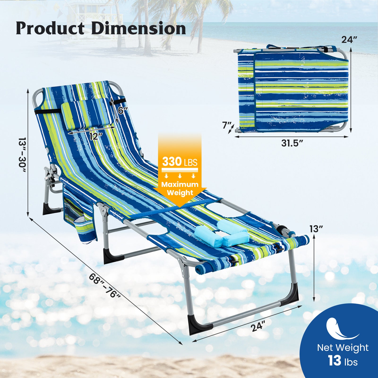 5-position Outdoor Folding Chaise Lounge Chair-Blue and Green, Blue & Green Outdoor Seating & Patio Chairs at Gallery Canada