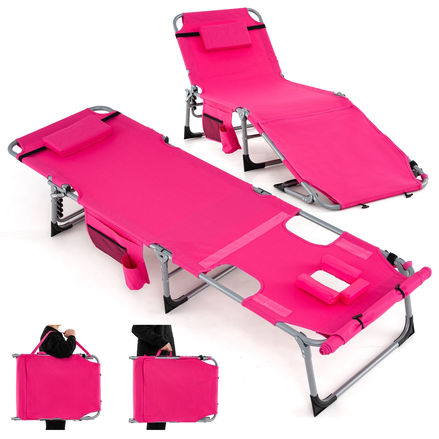 5-Position Outdoor Folding Chaise Lounge Chair, Pink