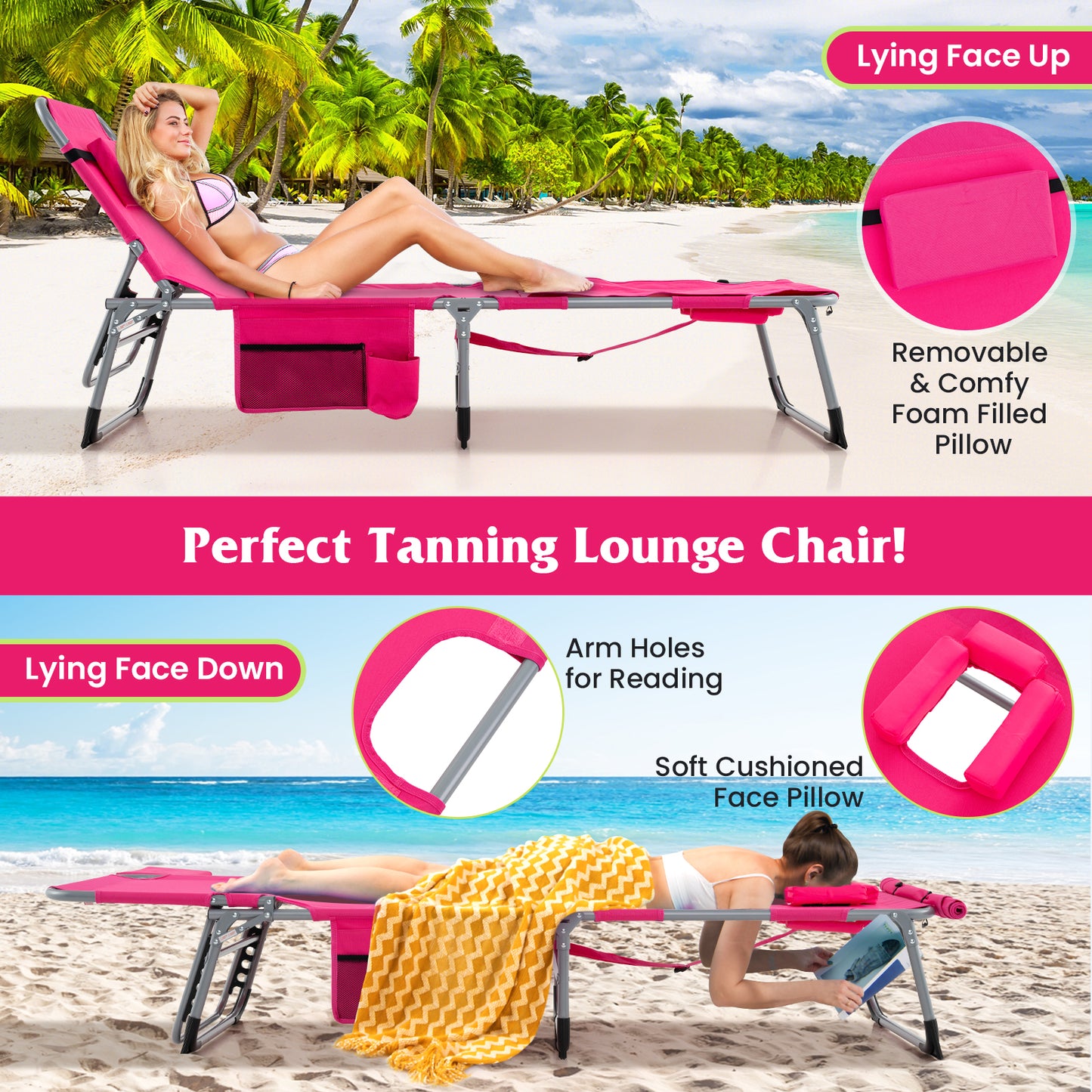 5-position Outdoor Folding Chaise Lounge Chair, Pink Outdoor Seating & Patio Chairs at Gallery Canada