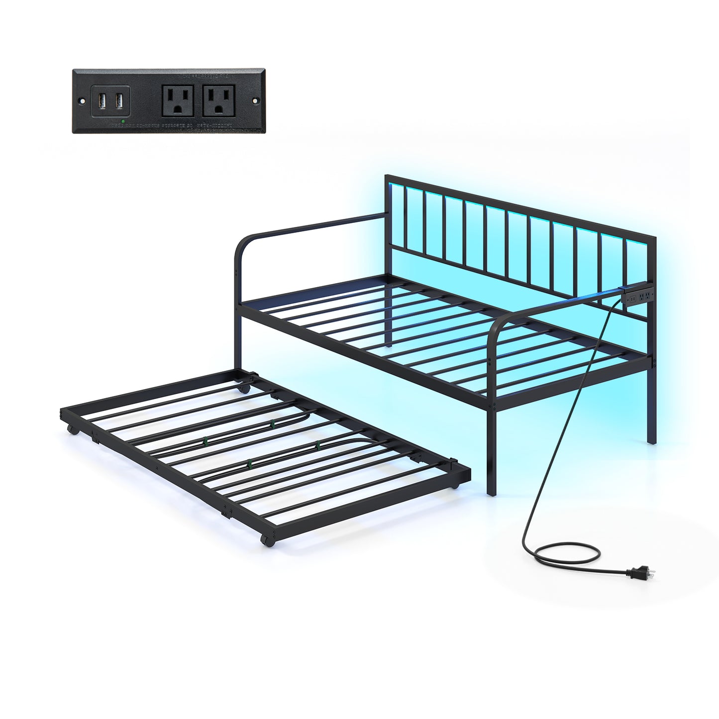 Twin Daybed With Charging Station, LED Lights, Black Trundle Bed Frame at Gallery Canada