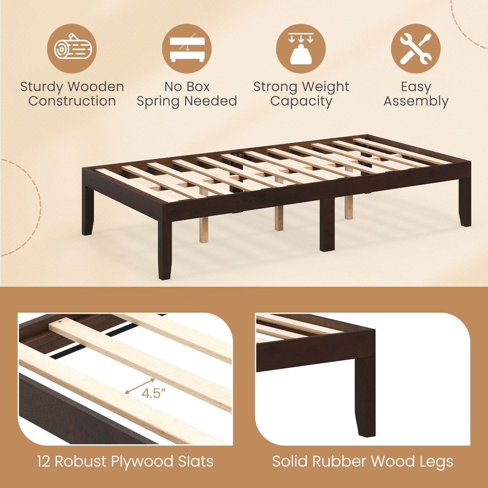 14 Inch Twin Wood Platform Bed Frame with Wooden Slats Support, Espresso Simple Bed Frame at Gallery Canada