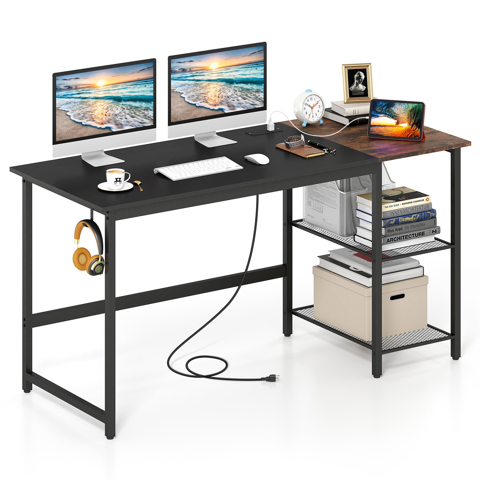 59 Inch Home Office Computer Desk with Removable Storage Shelves, Black Computer Desks at Gallery Canada