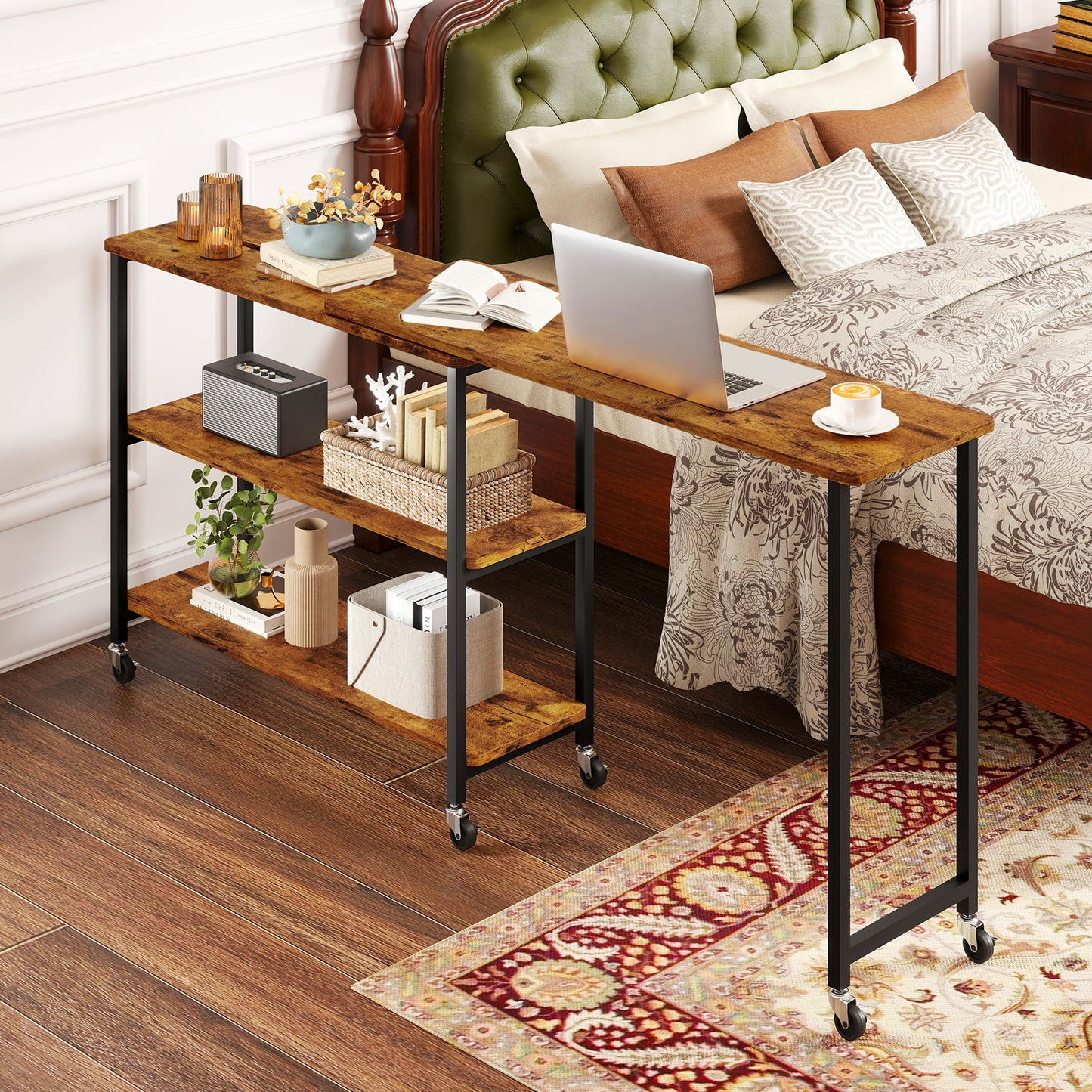 Patented Large 360-Degree Free Rotating Sofa Side Table with Wheels and Storage Shelf, Brown End & Side Tables at Gallery Canada