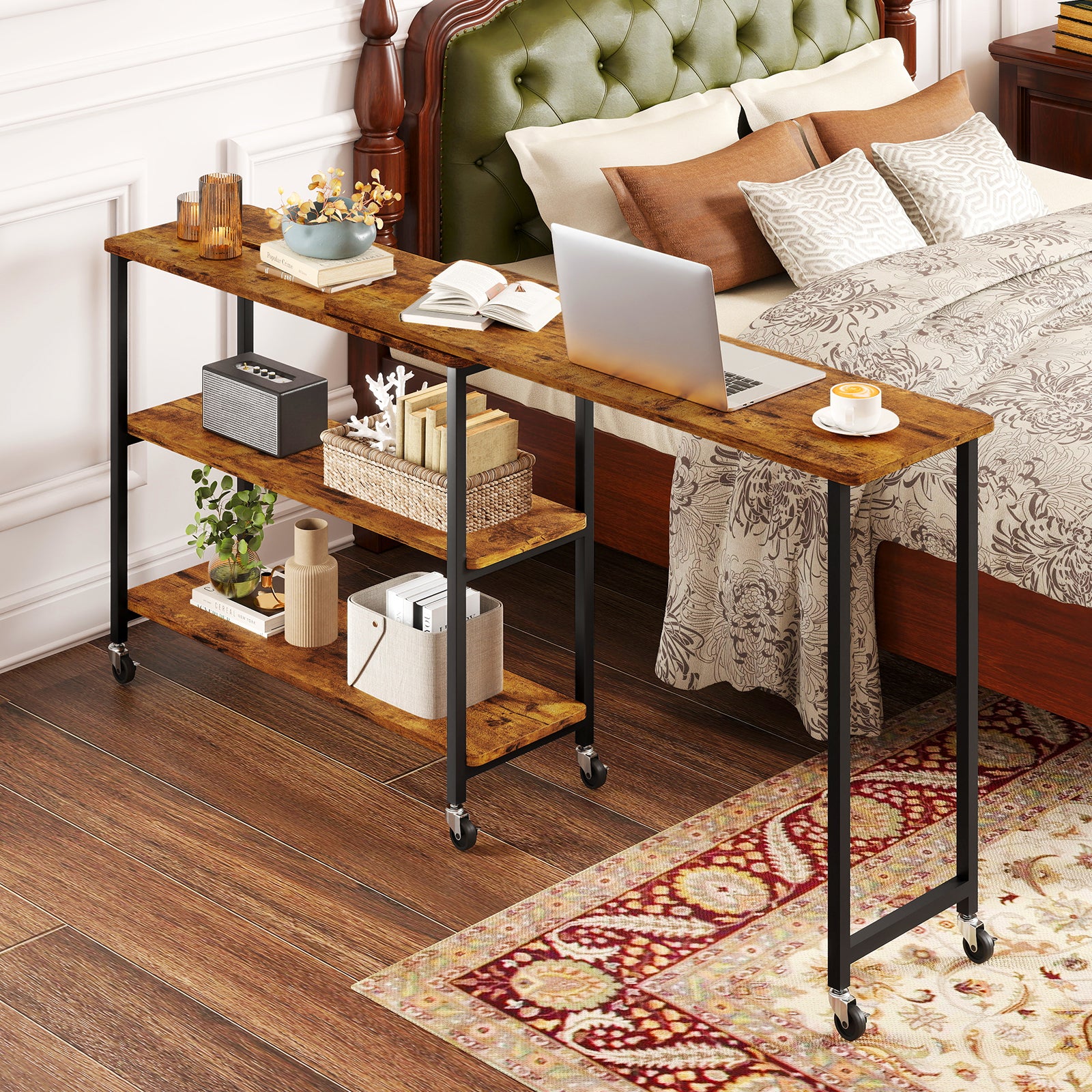 Patented Large 360-Degree Free Rotating Sofa Side Table with Wheels and Storage Shelf, Brown End & Side Tables at Gallery Canada