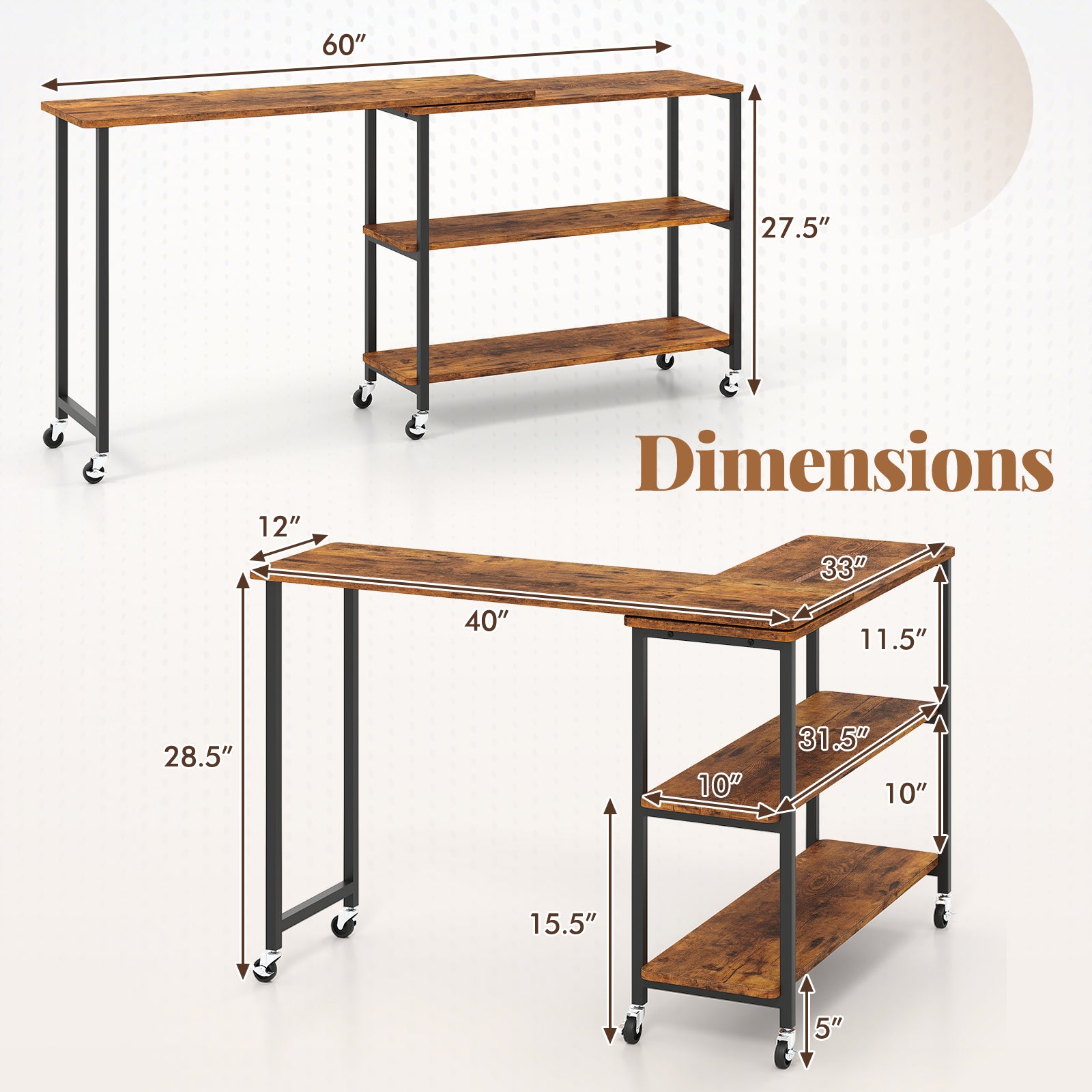 Patented Large 360-Degree Free Rotating Sofa Side Table with Wheels and Storage Shelf, Brown End & Side Tables at Gallery Canada