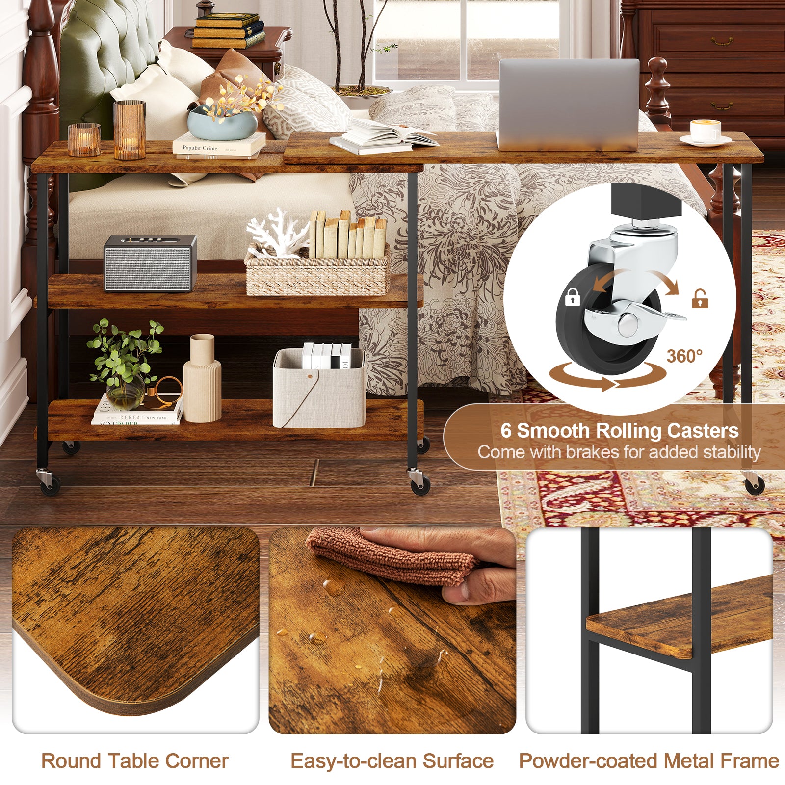 Patented Large 360-Degree Free Rotating Sofa Side Table with Wheels and Storage Shelf, Brown End & Side Tables at Gallery Canada