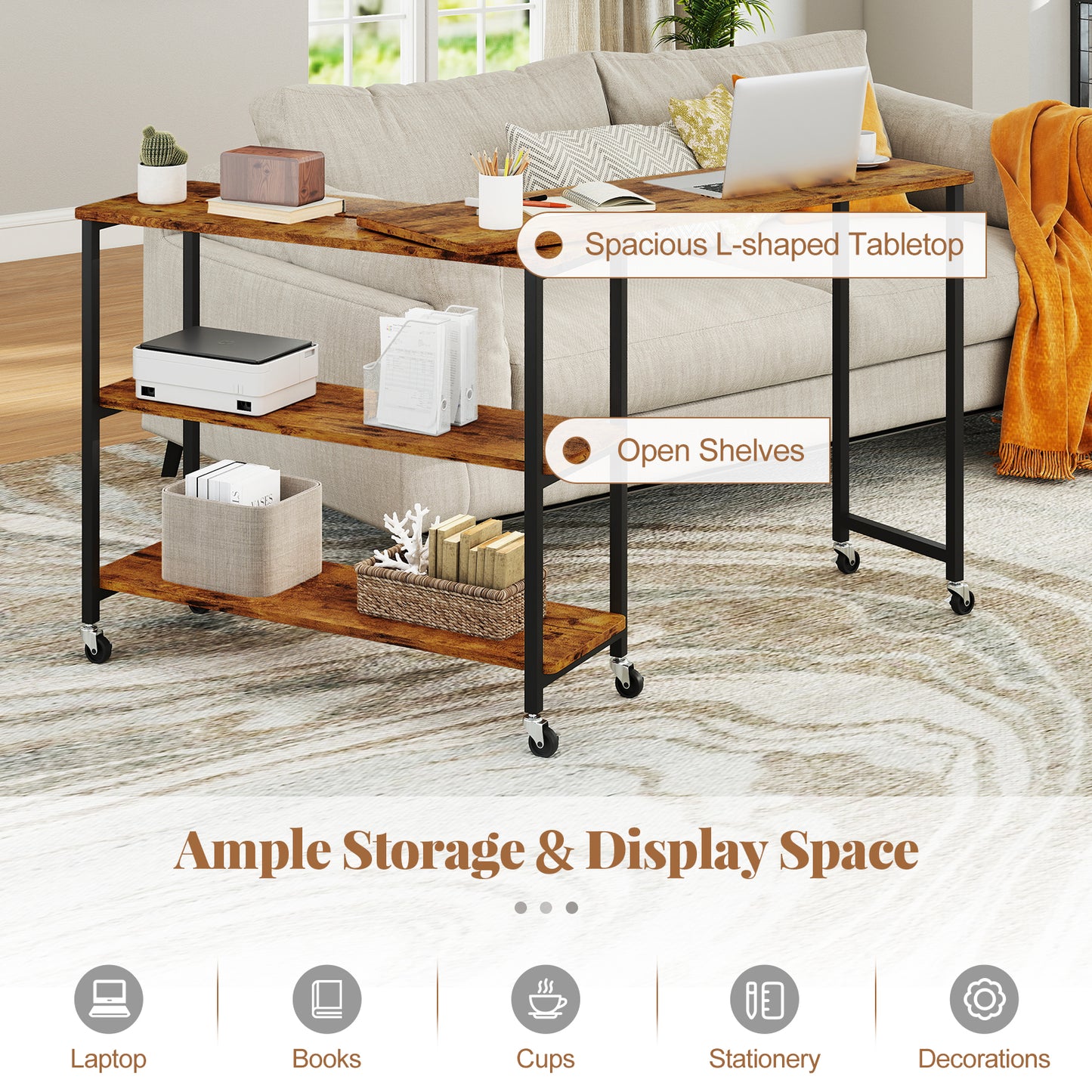 Patented Large 360-Degree Free Rotating Sofa Side Table with Wheels and Storage Shelf, Brown End & Side Tables at Gallery Canada