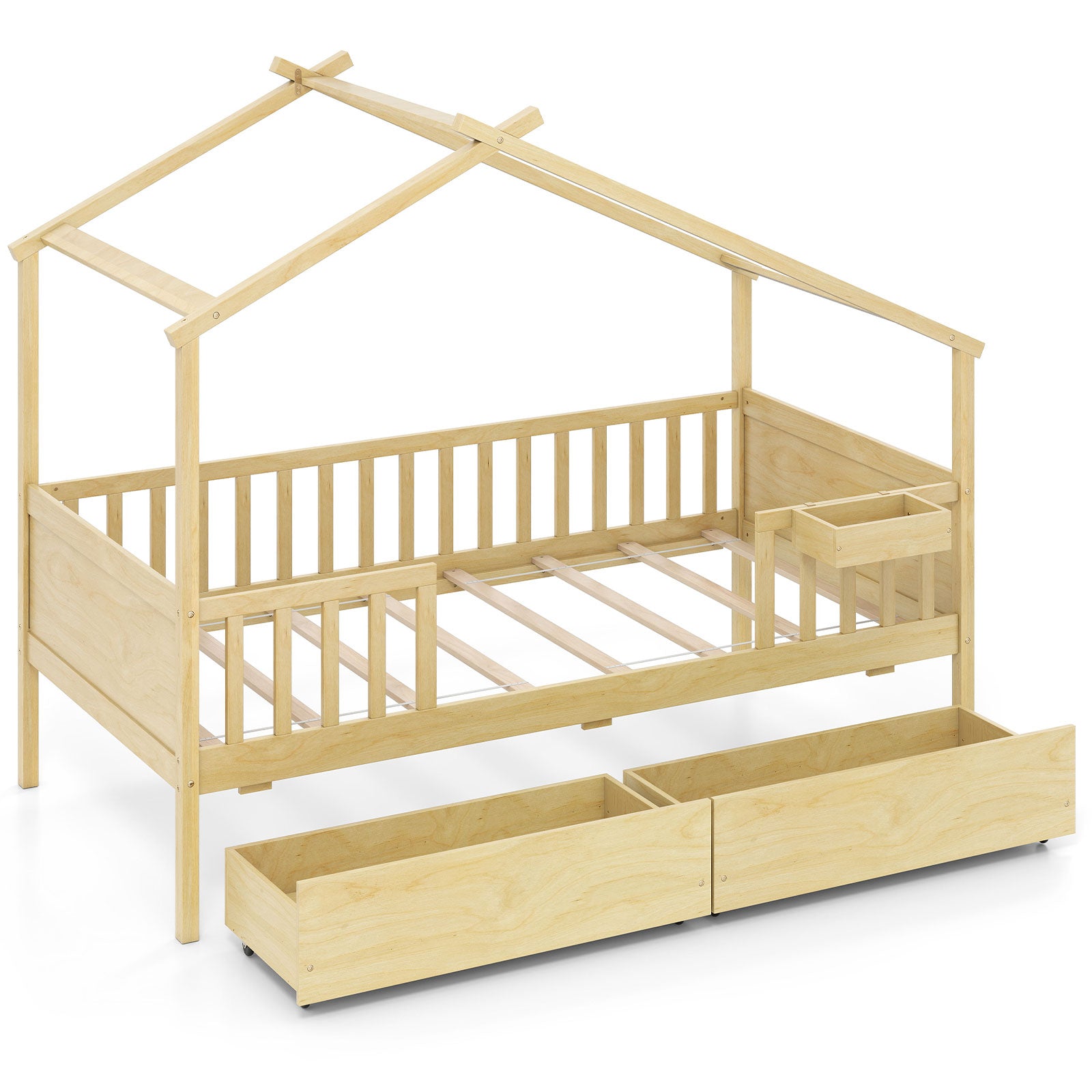 Twin House Bed With 2 Storage Drawers, Roof And Fence Rails, Natural Simple Bed Frame at Gallery Canada