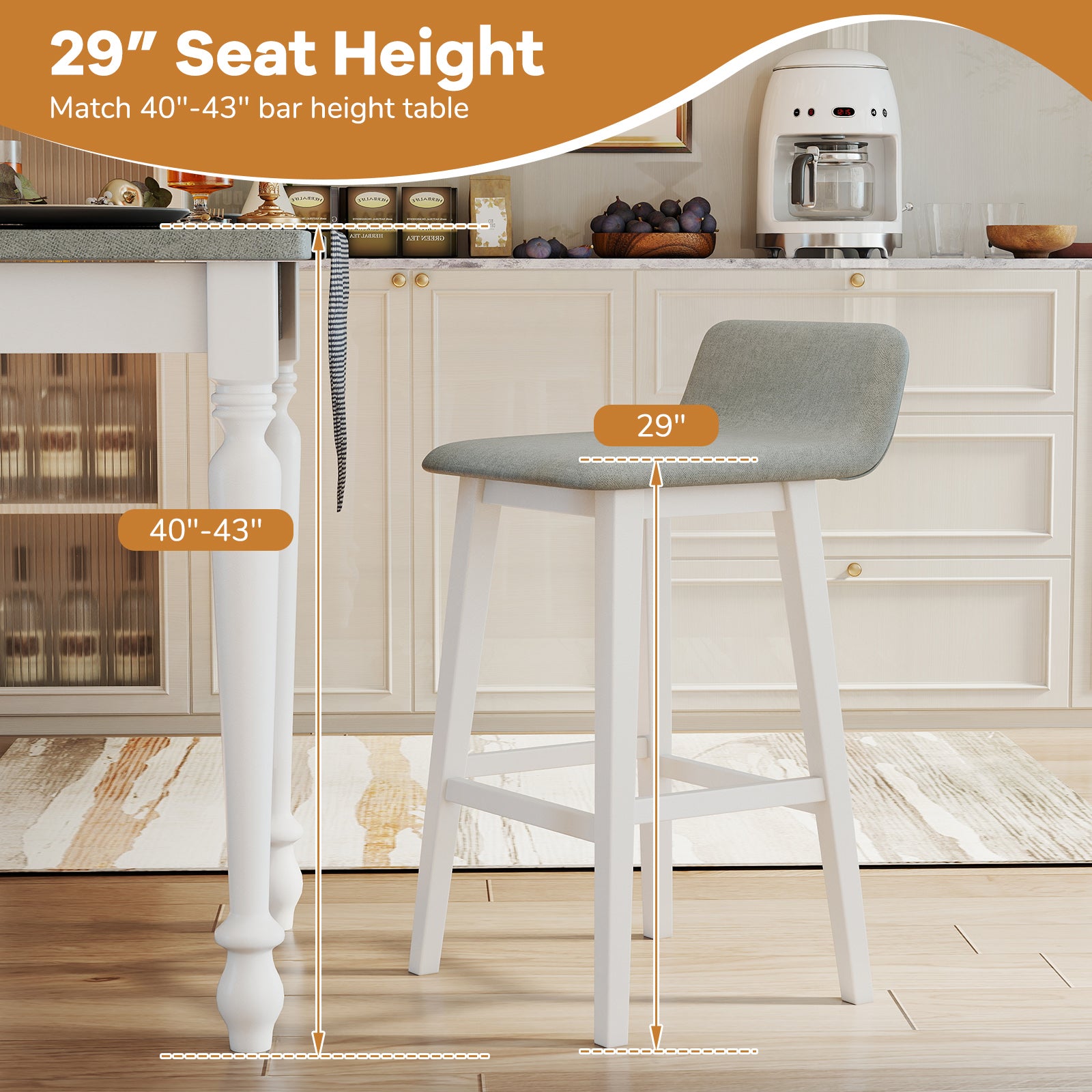 29 Inch Low-Back High-Top Chairs with Padded Seat and Rubber Wood Legs, White Bar Stools at Gallery Canada