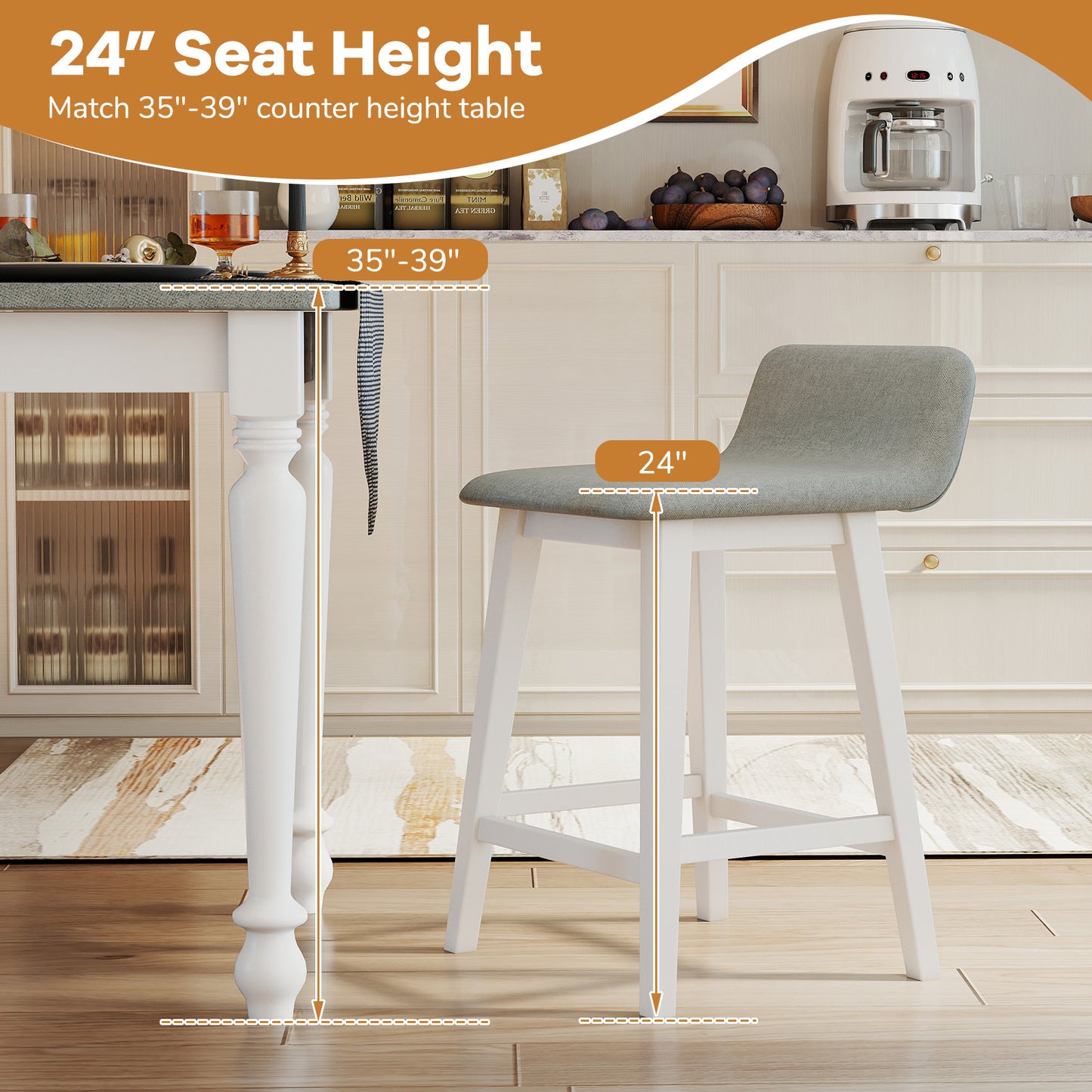 24 Inch Counter Height Bar Stools Set of 2 with Low Back, White Bar Stools at Gallery Canada