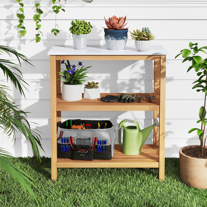 3-Tier Garden Potting Bench Table with Marble-Like Countertop, Natural Potting Benches & Tables at Gallery Canada