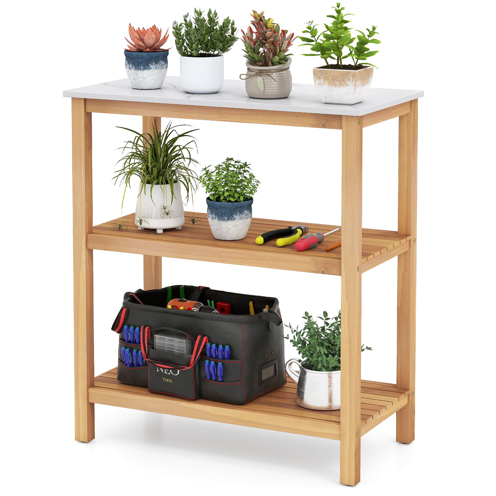3-Tier Garden Potting Bench Table with Marble-Like Countertop, Natural Potting Benches & Tables at Gallery Canada