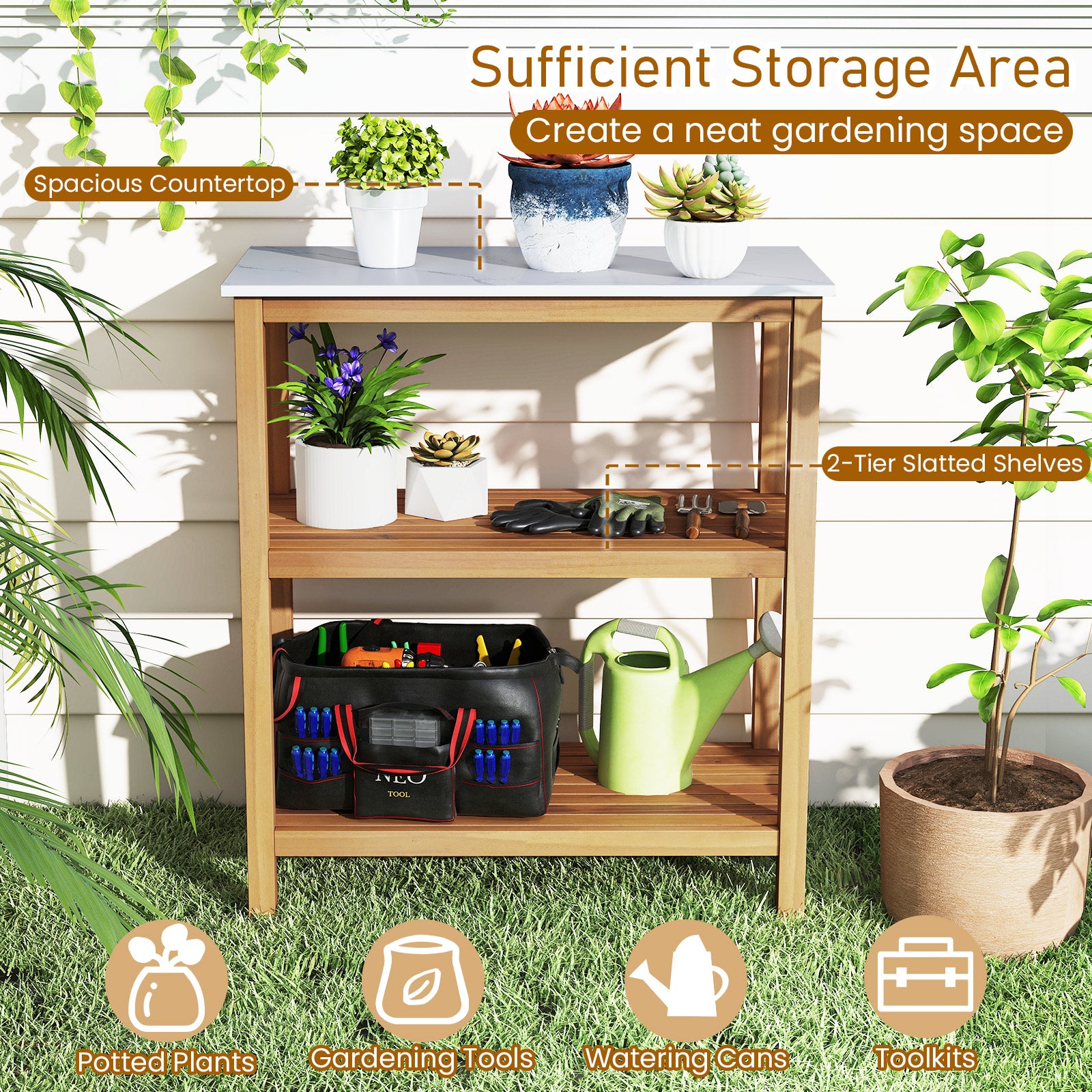 3-Tier Garden Potting Bench Table with Marble-Like Countertop, Natural Potting Benches & Tables at Gallery Canada