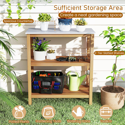 3-Tier Garden Potting Bench Table with Marble-Like Countertop, Natural Potting Benches & Tables at Gallery Canada