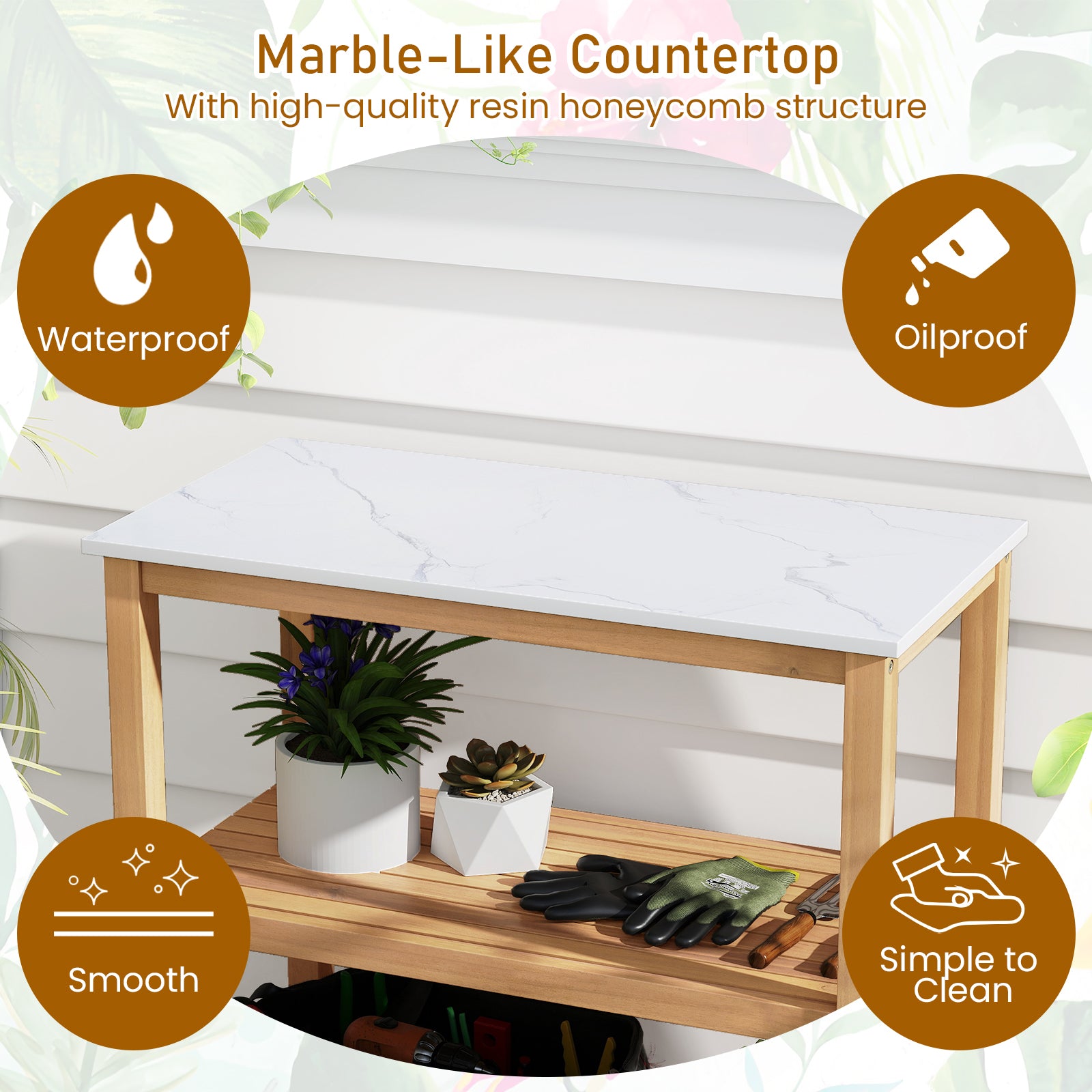 3-Tier Garden Potting Bench Table with Marble-Like Countertop, Natural Potting Benches & Tables at Gallery Canada