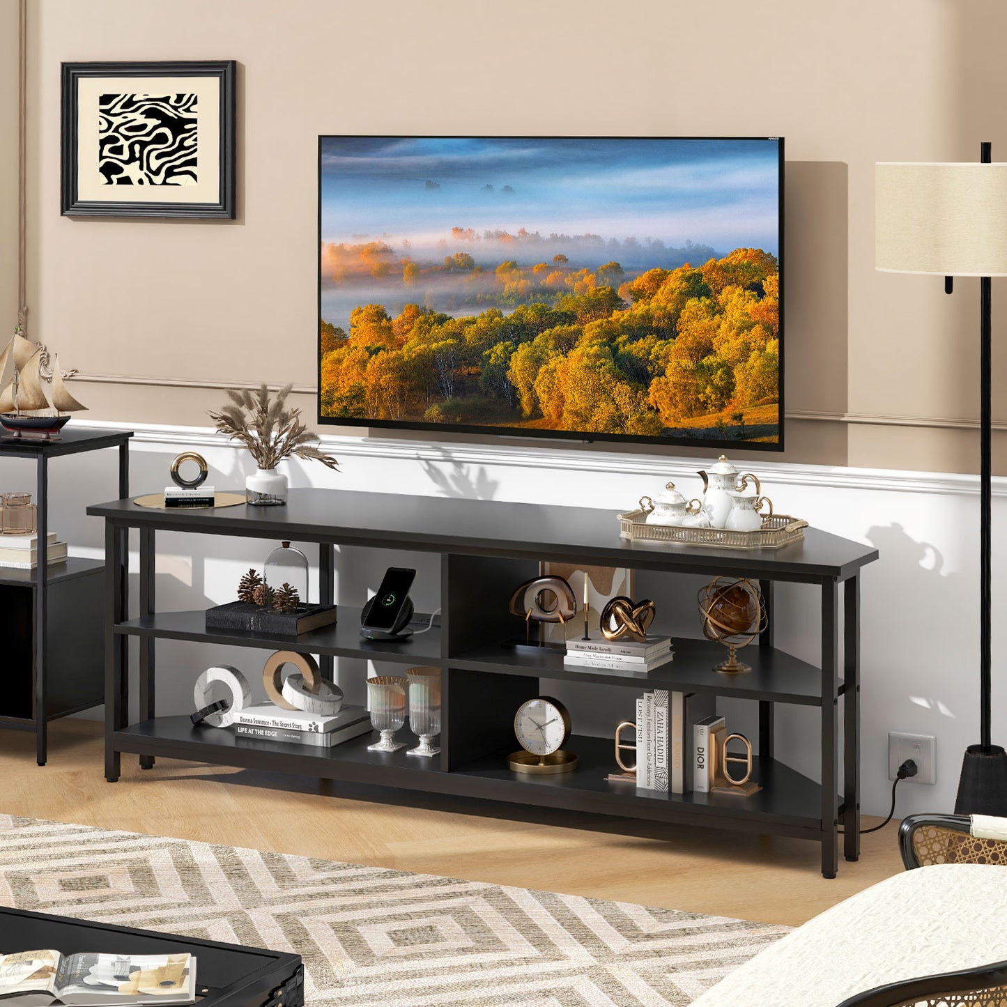 3-Tier Corner TV Stand for TVs up to 65 Inches with Charging Station- Black, Black Entertainment Centers & TV Stands at Gallery Canada